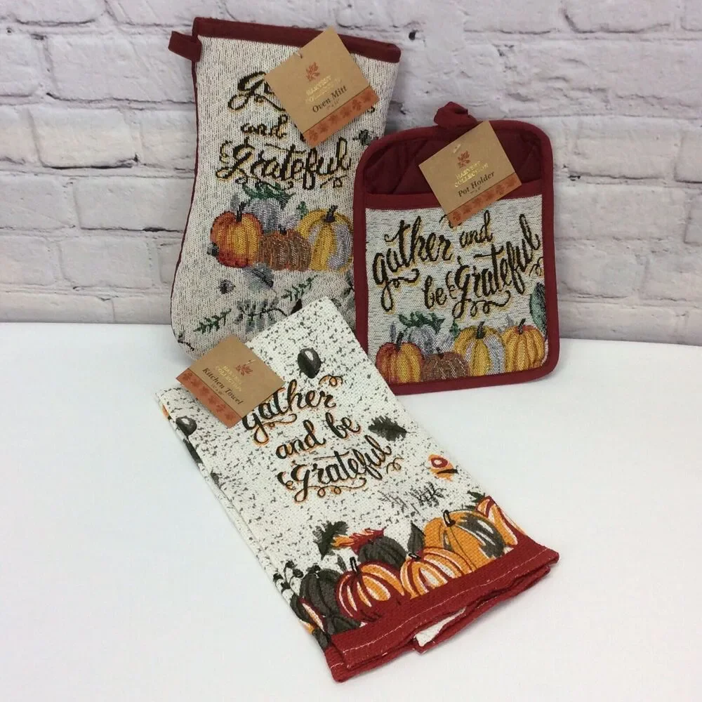 Fall Pumpkin 3 Pc Kitchen Set Dish Towel/Pot Holder/OvenMitt Multicolored Autumn